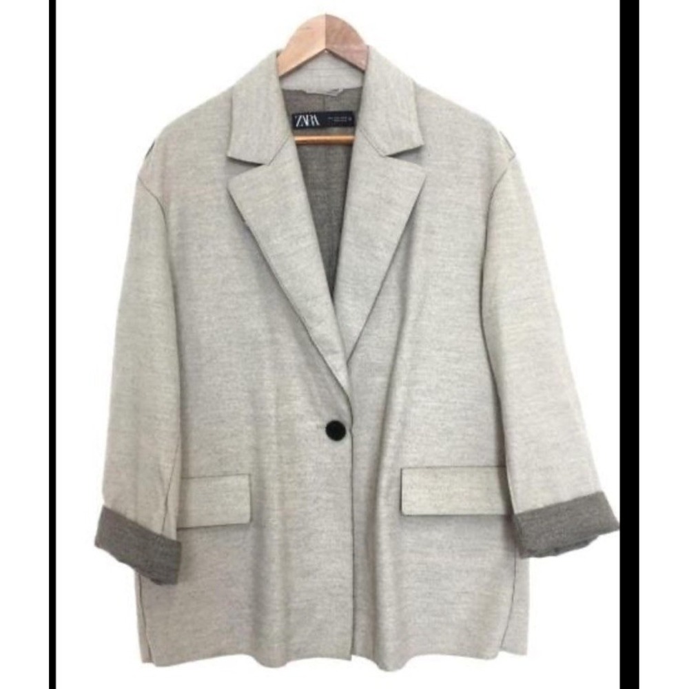 Zara Womens Beige Rolled Sleeves One-Button Blazer Jacket Size Medium Pockets